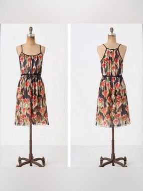 Anthropologie Watercolor Tulips Midi Dress in Navy, Coral, Olive, Cream